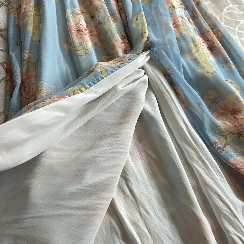 Aakaa Blue And Pink Floral Ruffle Off The Shoulder Long Sleeved Dress - Picture 9 of 11